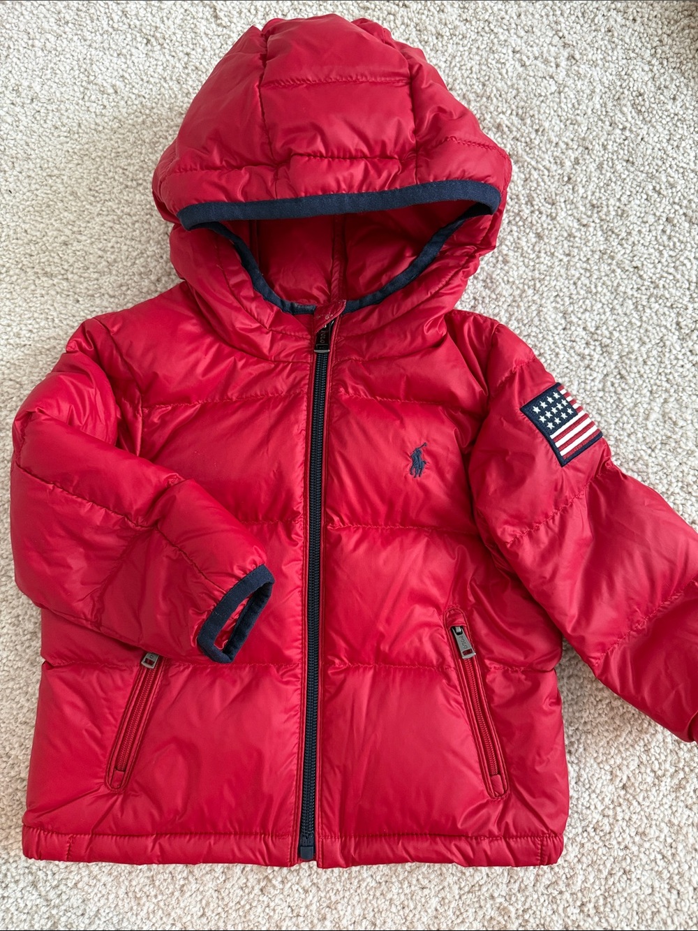 Ralph Lauren Kids Red Hooded Puffer Jacket with Navy Trim